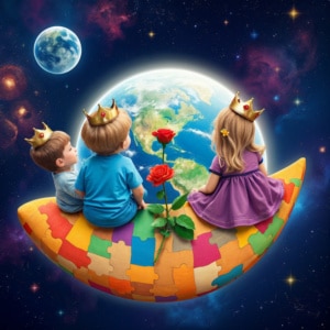 O Regresso d'O Principezinho 1 Crianças Neurodivergentes sentadas num cometa de puzzle a contemplar o planeta terra.